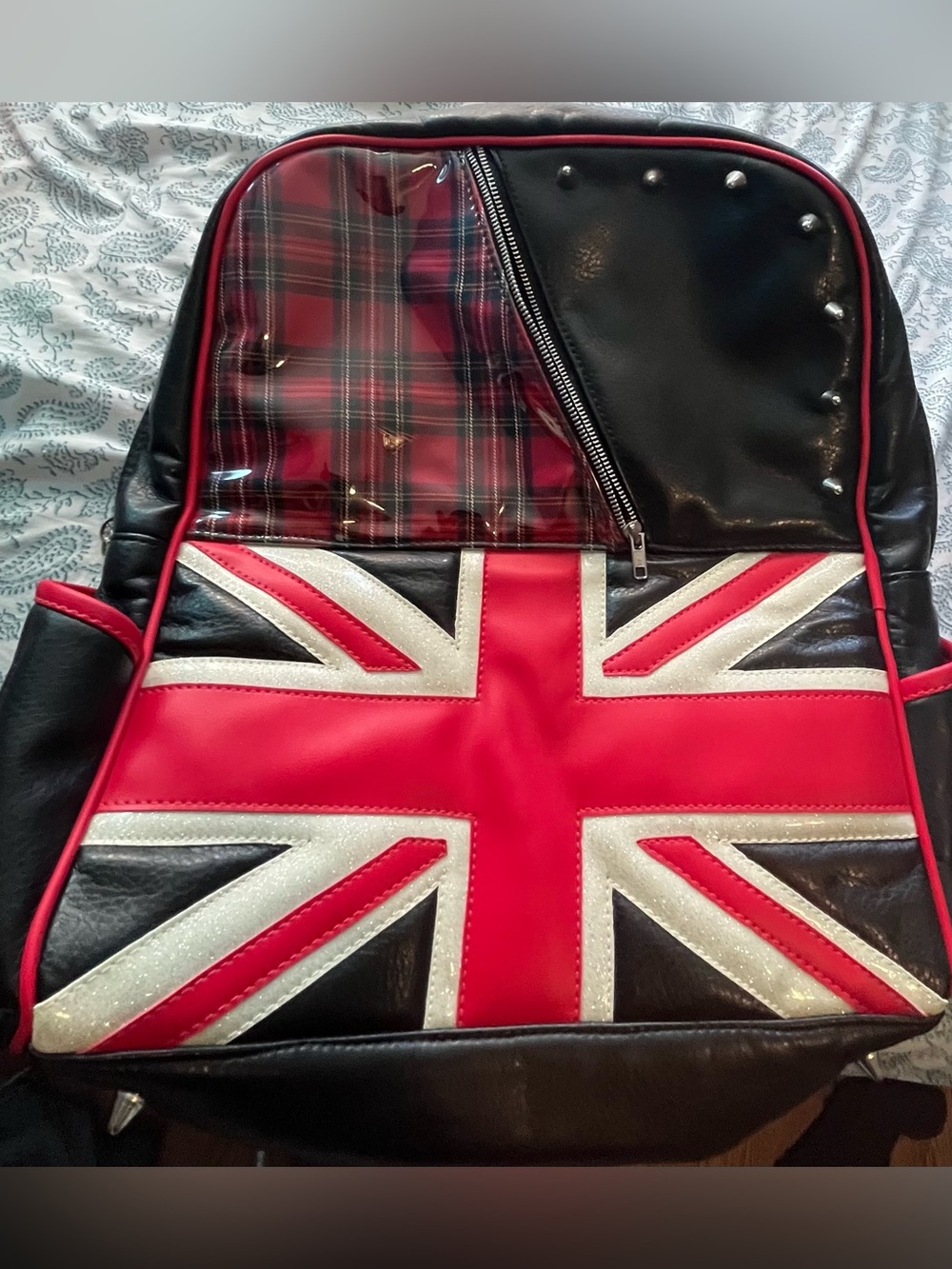 Custom made Union Jack backpack with leopard lining and studded details